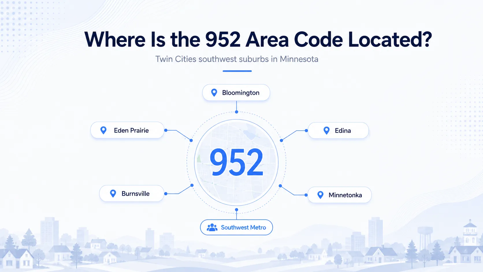 Where is the 952 area code located — Twin Cities southwest suburbs Minnesota showing Bloomington, Eden Prairie, Edina, Burnsville, Minnetonka, and Southwest Metro