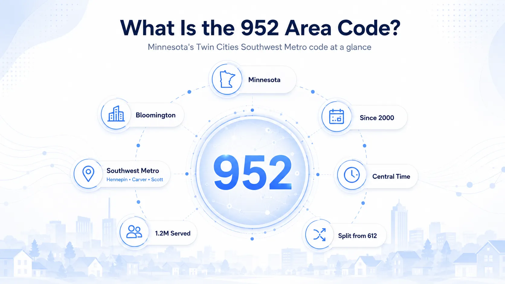What is the 952 area code — Minnesota Twin Cities Southwest Metro, Bloomington, since 2000, Central Time, split from 612, 1.2M served, Hennepin Carver Scott counties