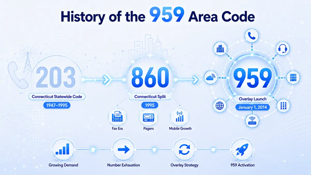 History of the 959 area code — from the original 203 code that served all of Connecticut since 1947, through the 1995 creation of 860 for northern and eastern CT, to the January 2014 introduction of the 959 overlay driven by mobile device growth and Hartford's expanding insurance economy