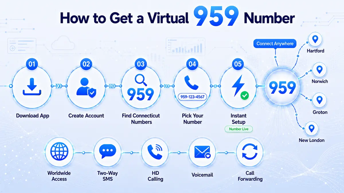 How to get a 959 area code virtual phone number — CallMama activation steps for Hartford, New Britain, Middletown, New London, Norwich, Groton, and the broader Connecticut 860/959 overlay market