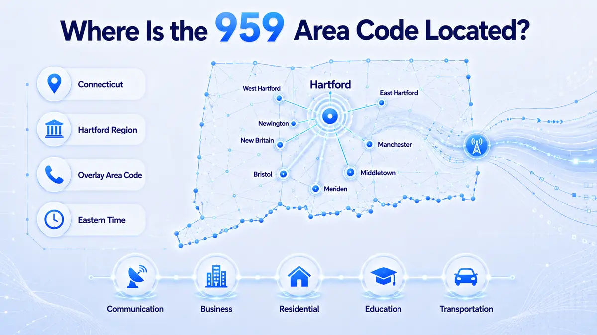 959 area code location map — Connecticut overlay covering Hartford, New Britain, Middletown, New London, Norwich, Groton, Bristol, Torrington, Manchester, Enfield, and Willimantic across Hartford, Middlesex, New London, Tolland, Windham, and Litchfield counties on Eastern Time