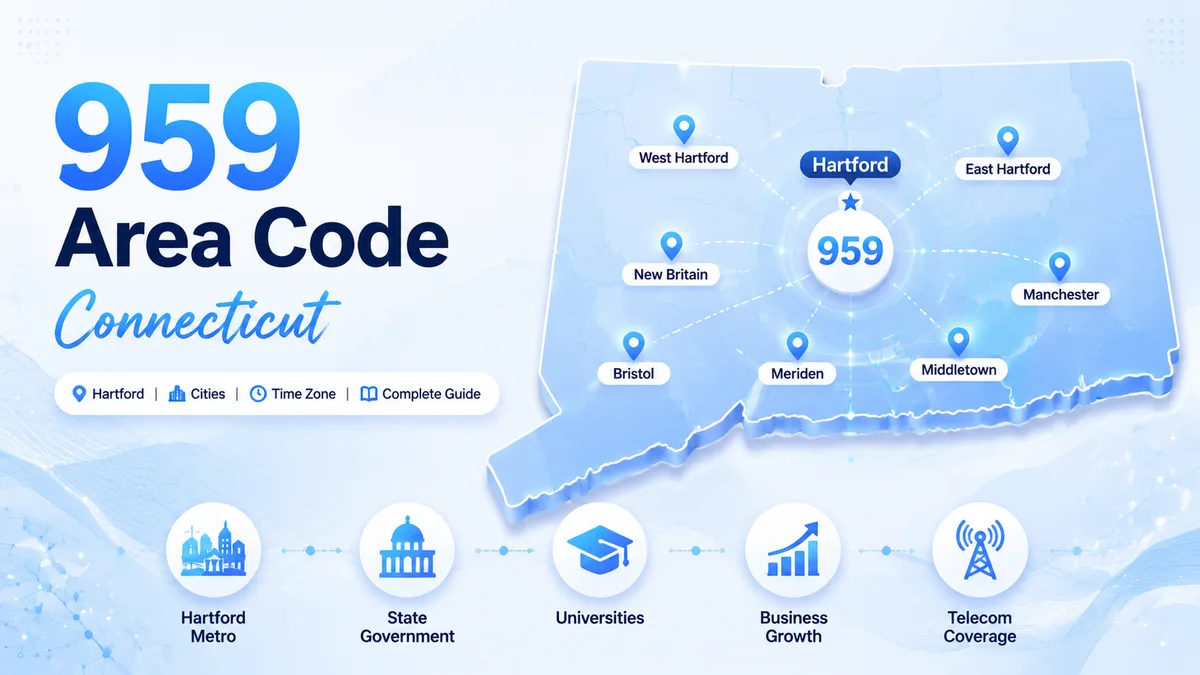 Hartford Connecticut skyline and state capitol building — 959 area code overlaying the 860 prefix across northern, central, and eastern Connecticut including Hartford, New Britain, Middletown, New London, Norwich, Groton, Manchester, and Torrington on Eastern Time