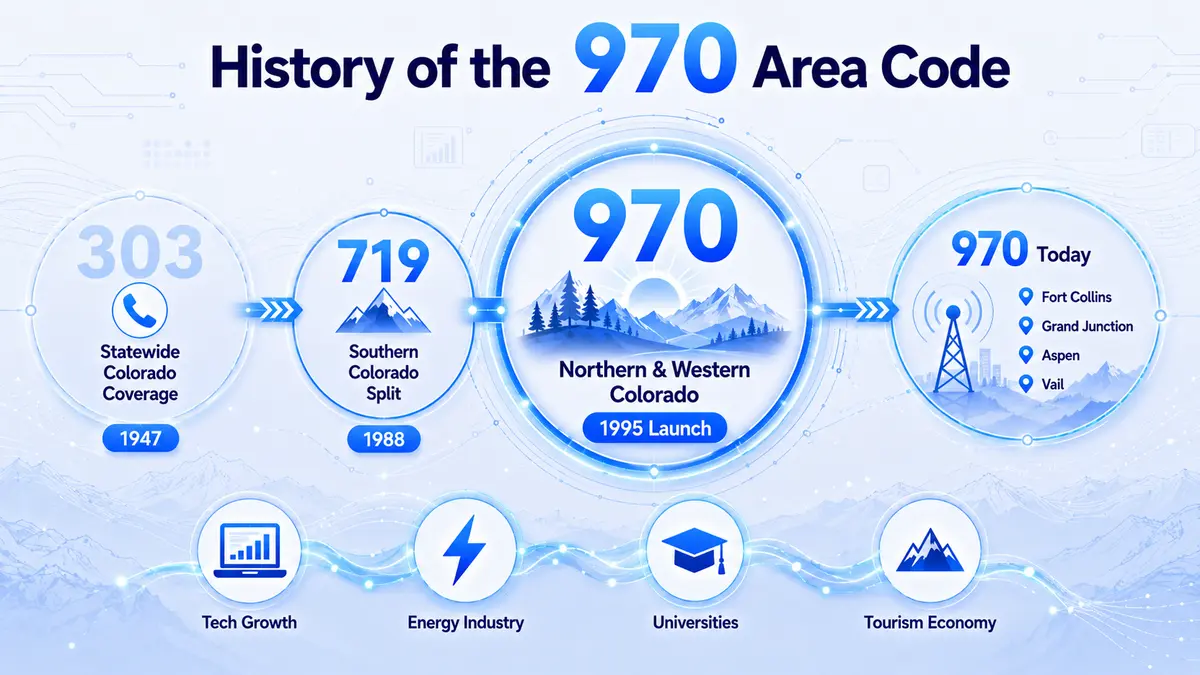 History of the 970 area code — from Colorado's original 303 statewide prefix through the 1988 split that created 719 for southern Colorado, to the March 1995 creation of 970 for western and northern Colorado driven by rapid population growth, mobile phone adoption, and the booming outdoor recreation economy