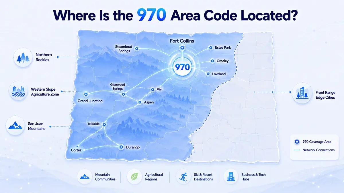 970 area code location map — western and northern Colorado covering Fort Collins, Greeley, Loveland, Grand Junction, Durango, Steamboat Springs, Aspen, Vail, Glenwood Springs, Montrose, Telluride, Cortez, Estes Park, and Craig across Larimer, Weld, Mesa, La Plata, Garfield, and surrounding Colorado counties on Mountain Time