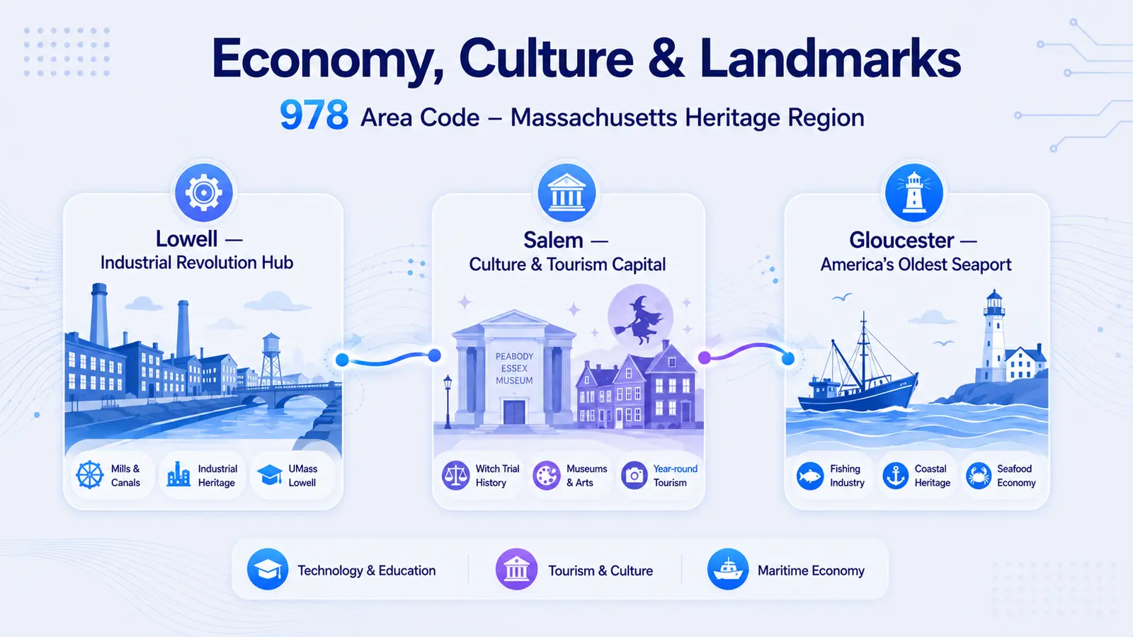 978 area code landmarks — Lowell National Historical Park, Salem, and Gloucester in northeastern Massachusetts