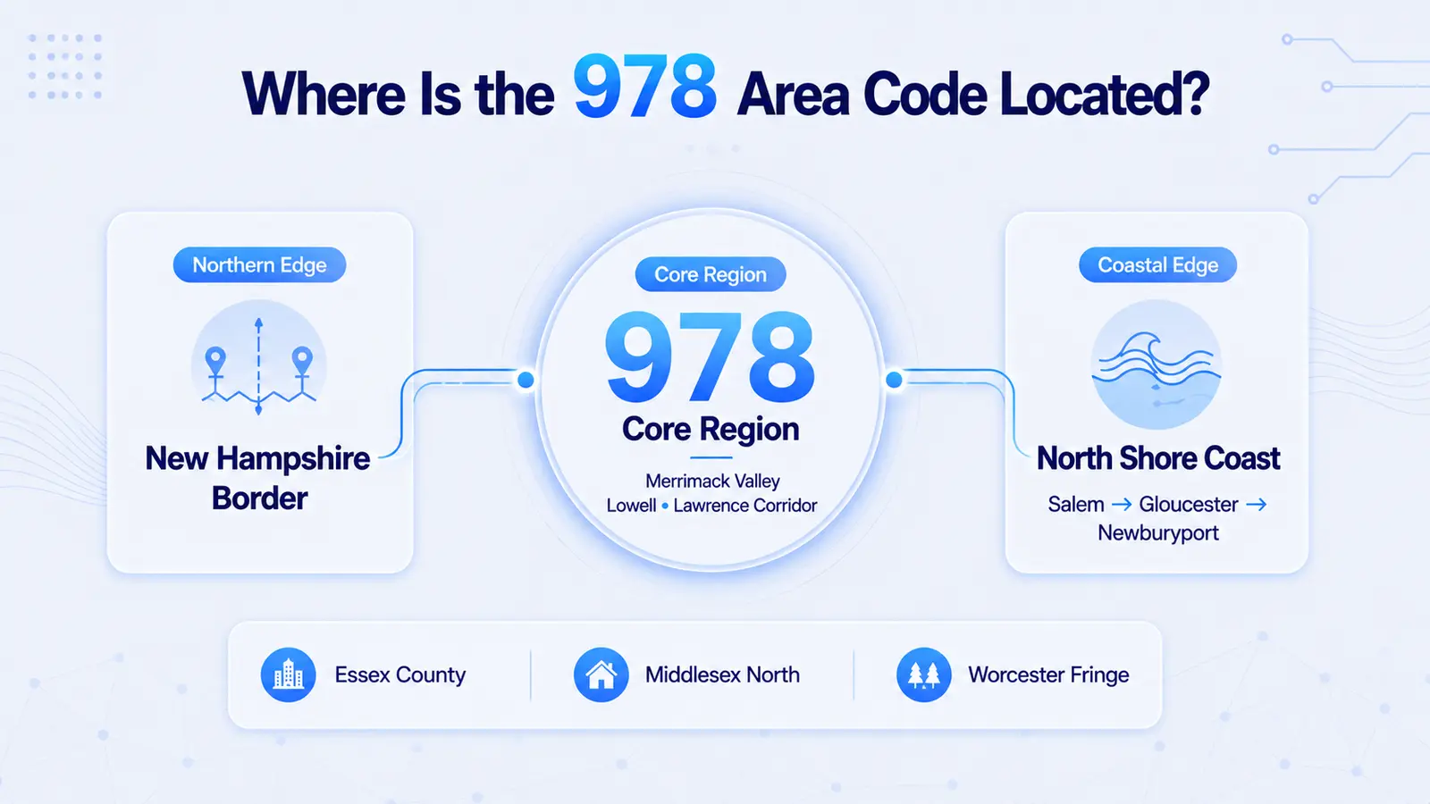 978 area code location map — northeastern Massachusetts covering Lowell, Lawrence, Haverhill, Salem, and Gloucester