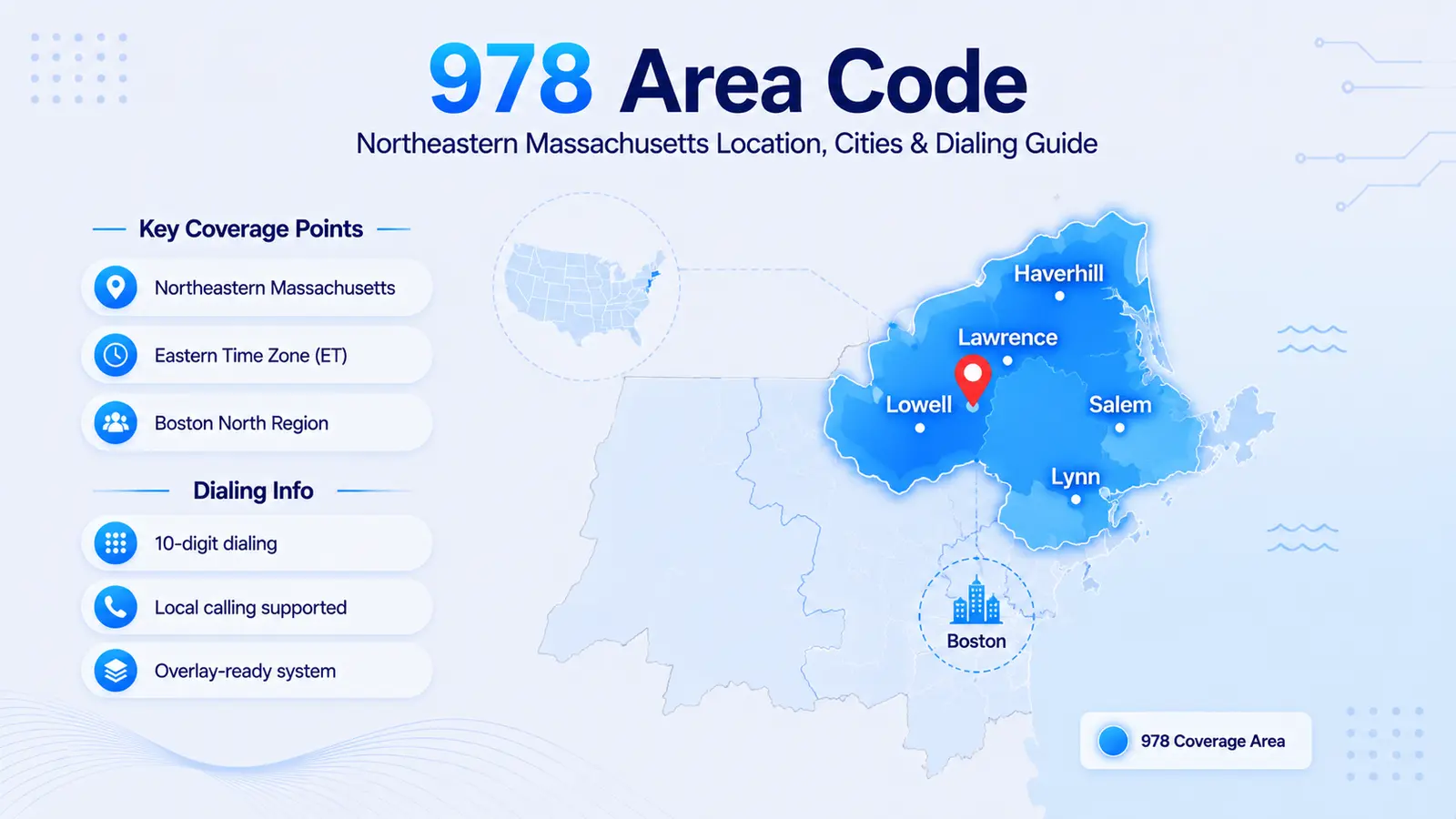 978 area code — northeastern Massachusetts map covering Lowell, Lawrence, Haverhill, Salem, and Gloucester