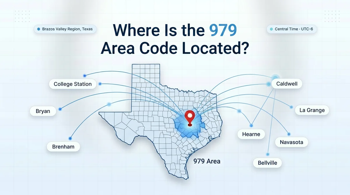979 area code location — Southeast-central Texas map covering the Brazos Valley and Gulf Coast