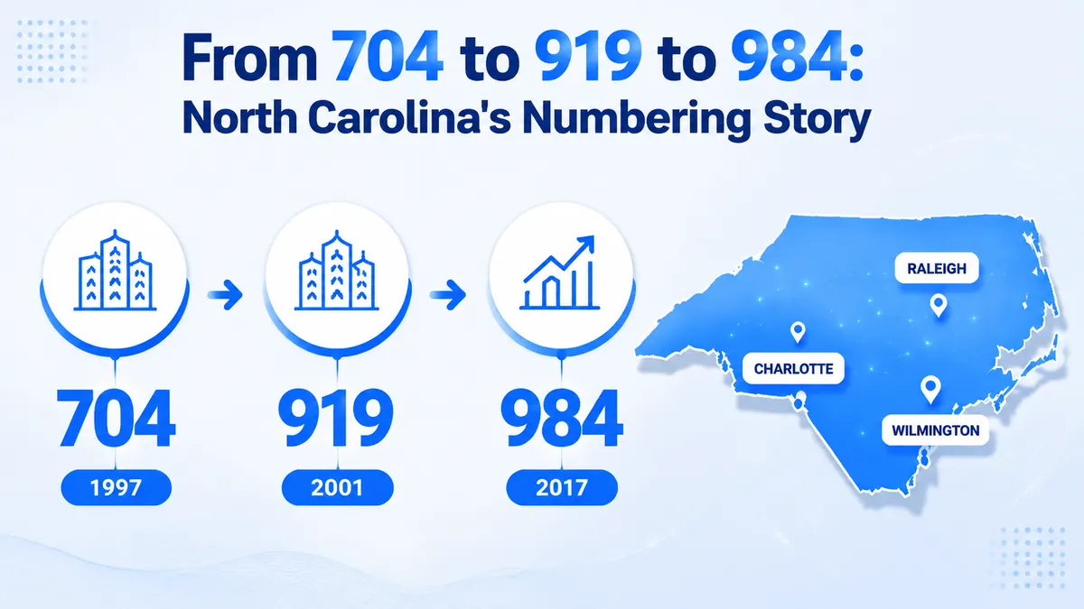 984 area code history timeline — from the statewide 704 code to the 919 split to the 2012 overlay