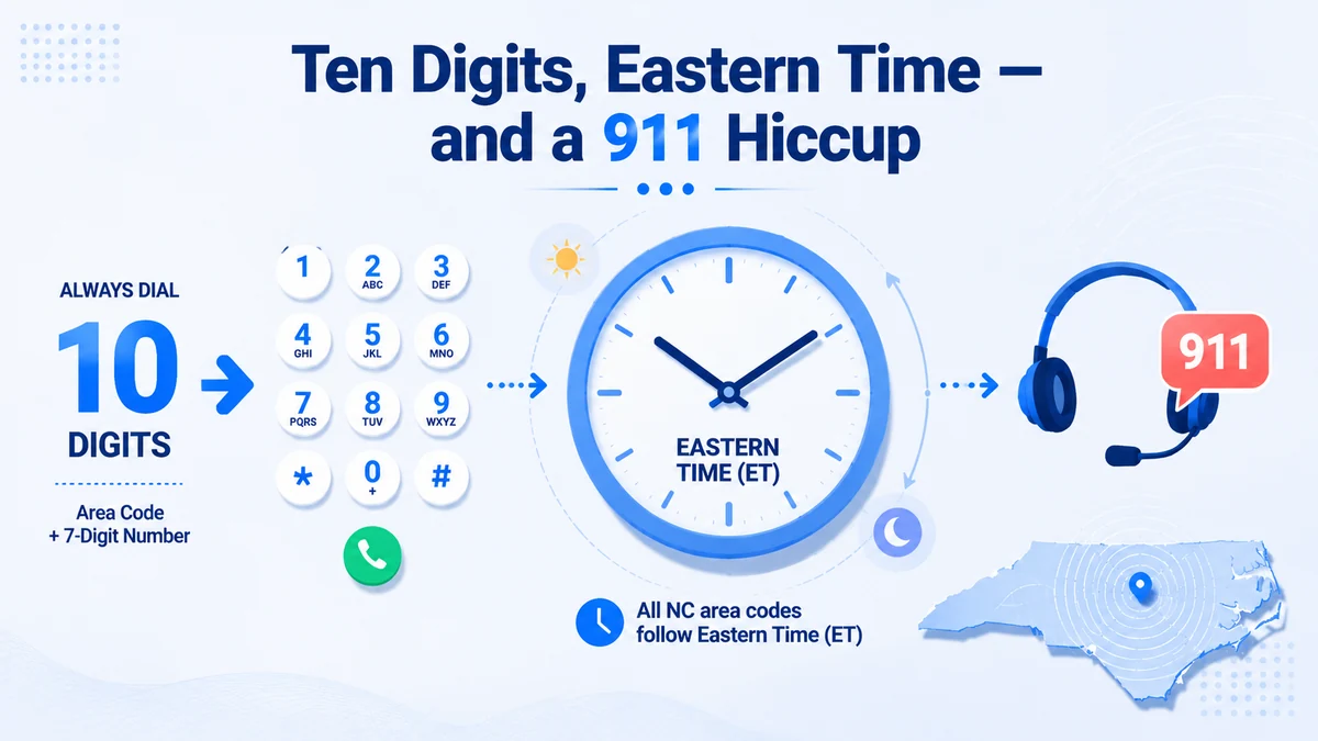 984 area code time zone and dialing — Eastern Time and mandatory ten-digit local calls in the Triangle