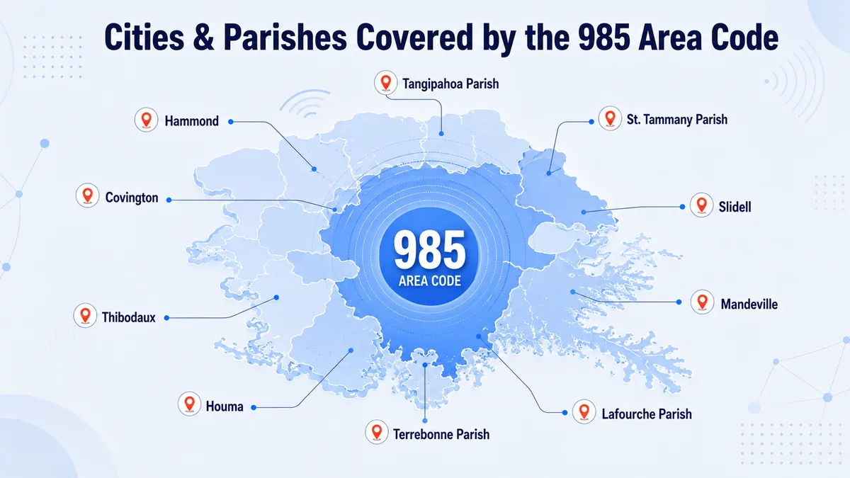 Map of cities and parishes covered by the 985 area code in southeastern Louisiana