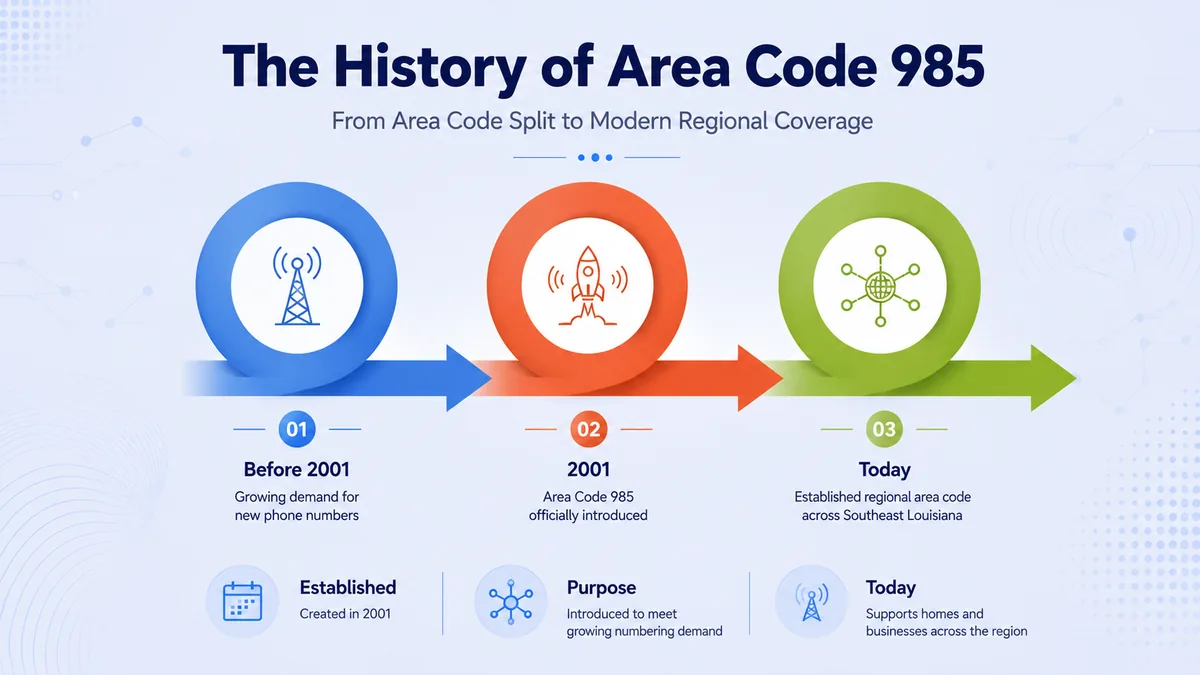 History of the 985 area code Louisiana timeline showing the 2001 split from 504