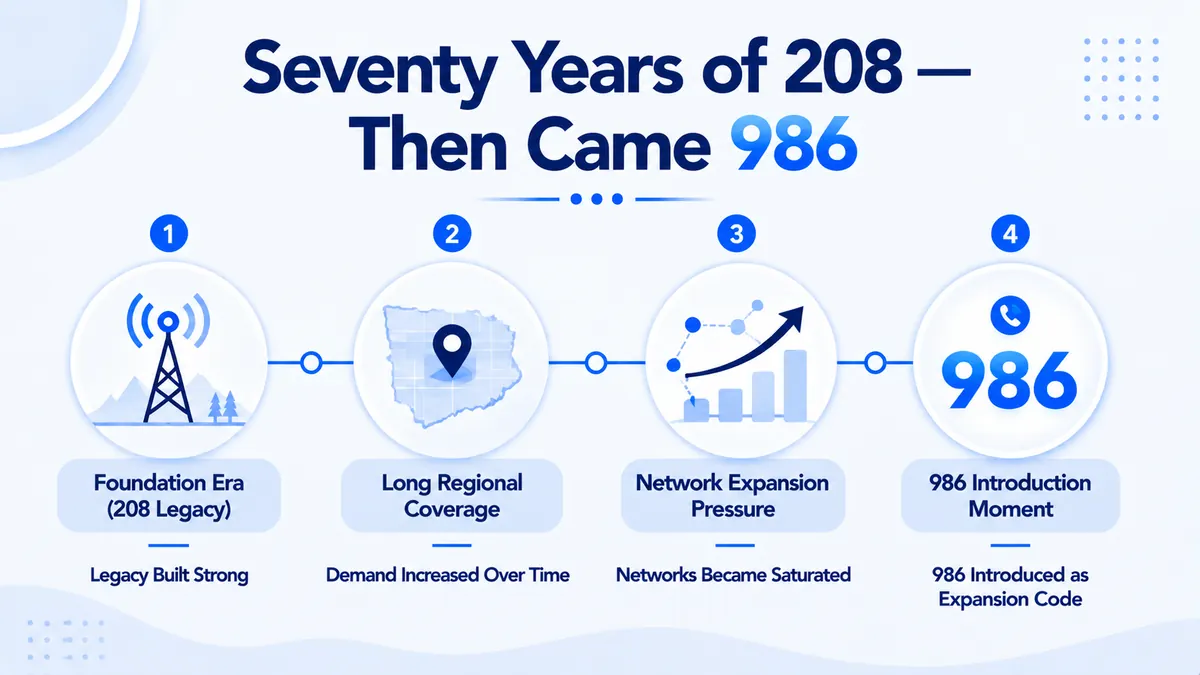 986 area code history timeline — from the original 1947 Idaho 208 code to the 2016 statewide overlay