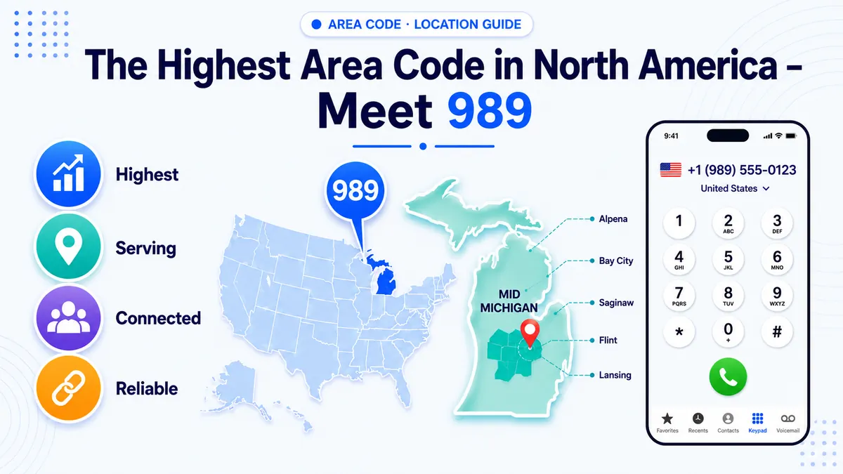 The highest area code in North America — 989 serving central and northeastern Michigan
