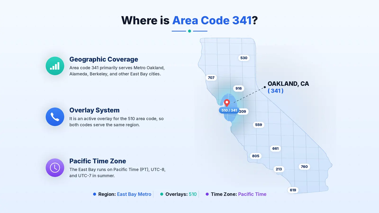 Map showing where area code 341 is located in Oakland, Alameda County, California