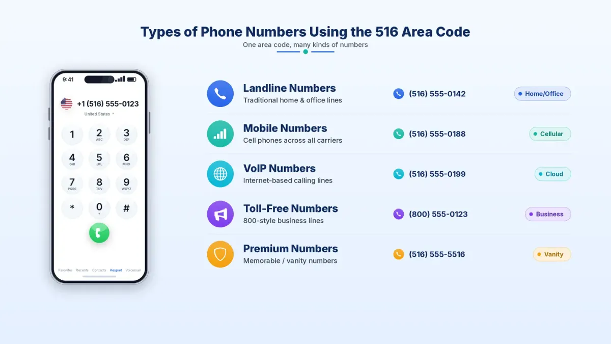 Types of phone numbers using the 516 area code — landline, mobile, VoIP, toll-free