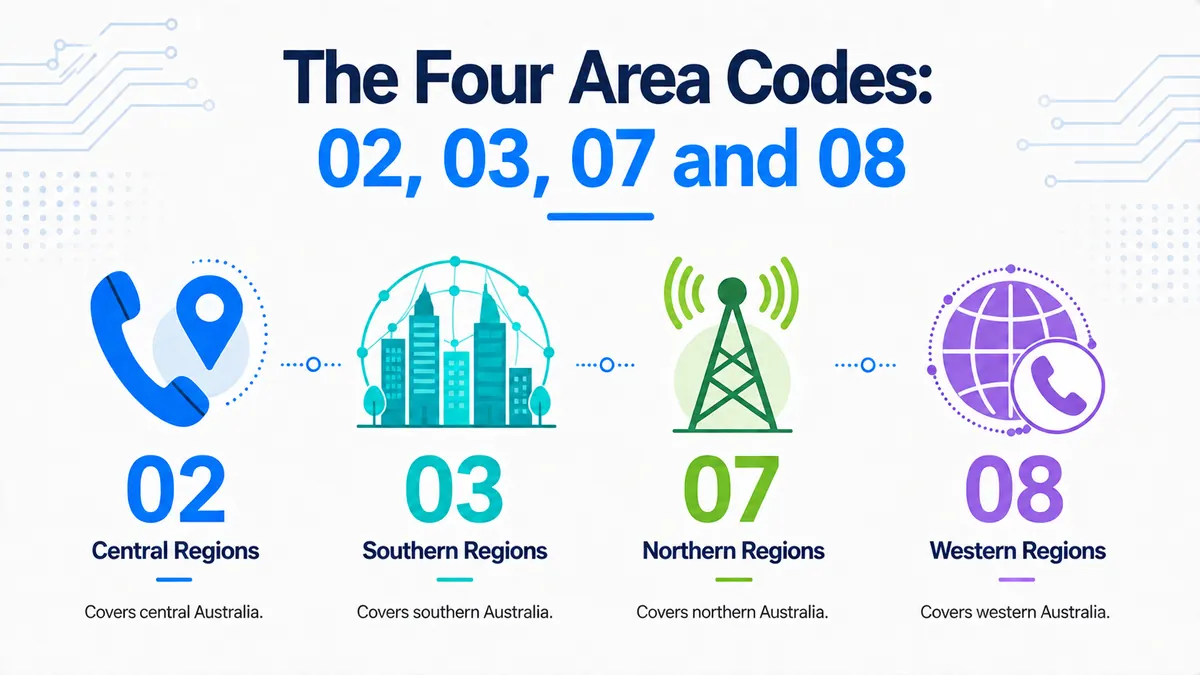 Australia's four area codes — 02, 03, 07, and 08 mapped across the states and territories