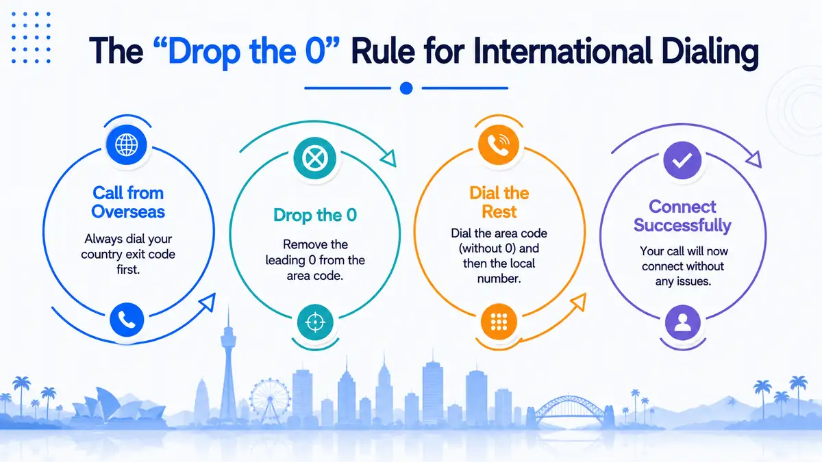 The drop the 0 rule for international dialing — removing the trunk 0 from Australian numbers