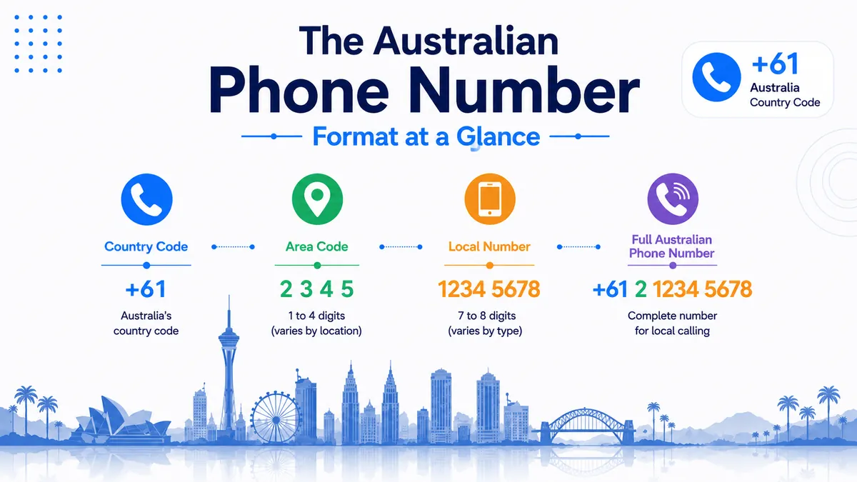 Australian phone number format at a glance — +61 country code, trunk 0, area code, and subscriber number