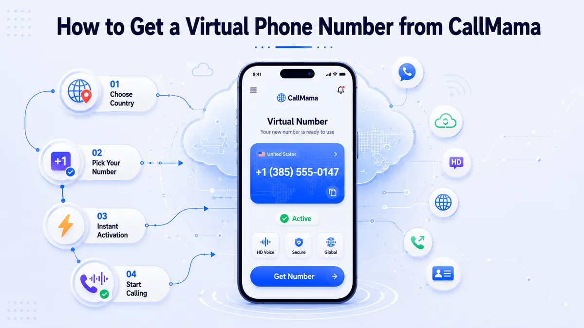 Steps to get a CallMama virtual phone number: download the app, create an account, pick a country and activate