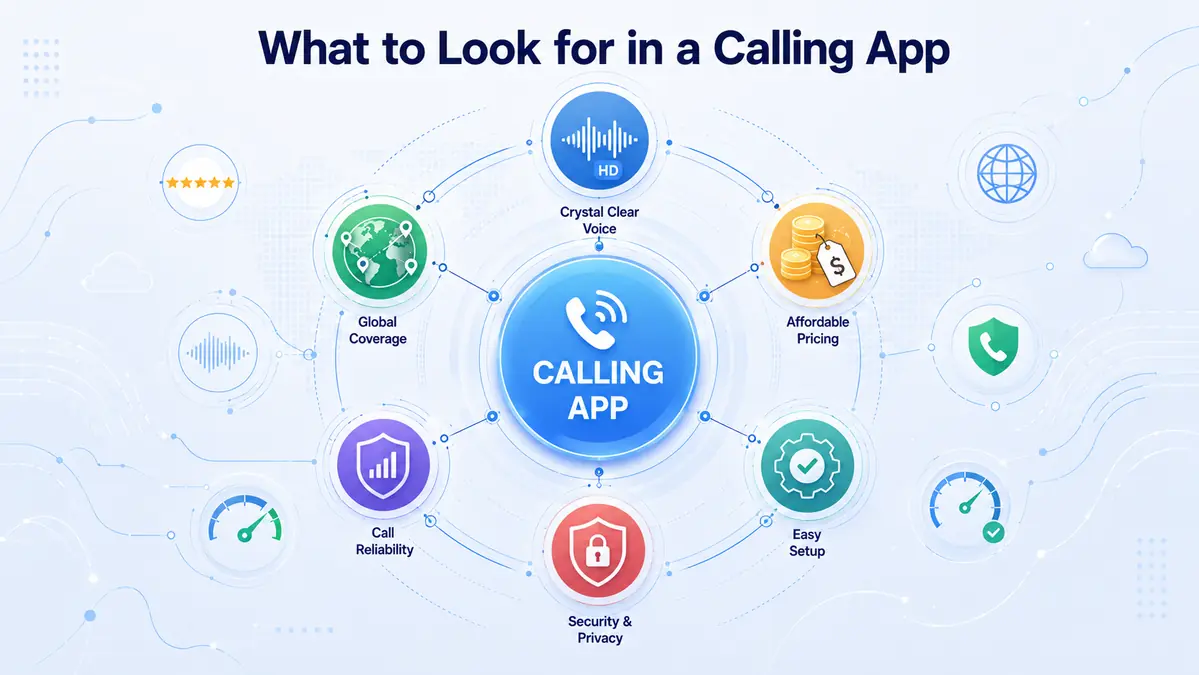 Four things to check in an international calling app: per-minute rates, real-number dialling, billing increments and included extras