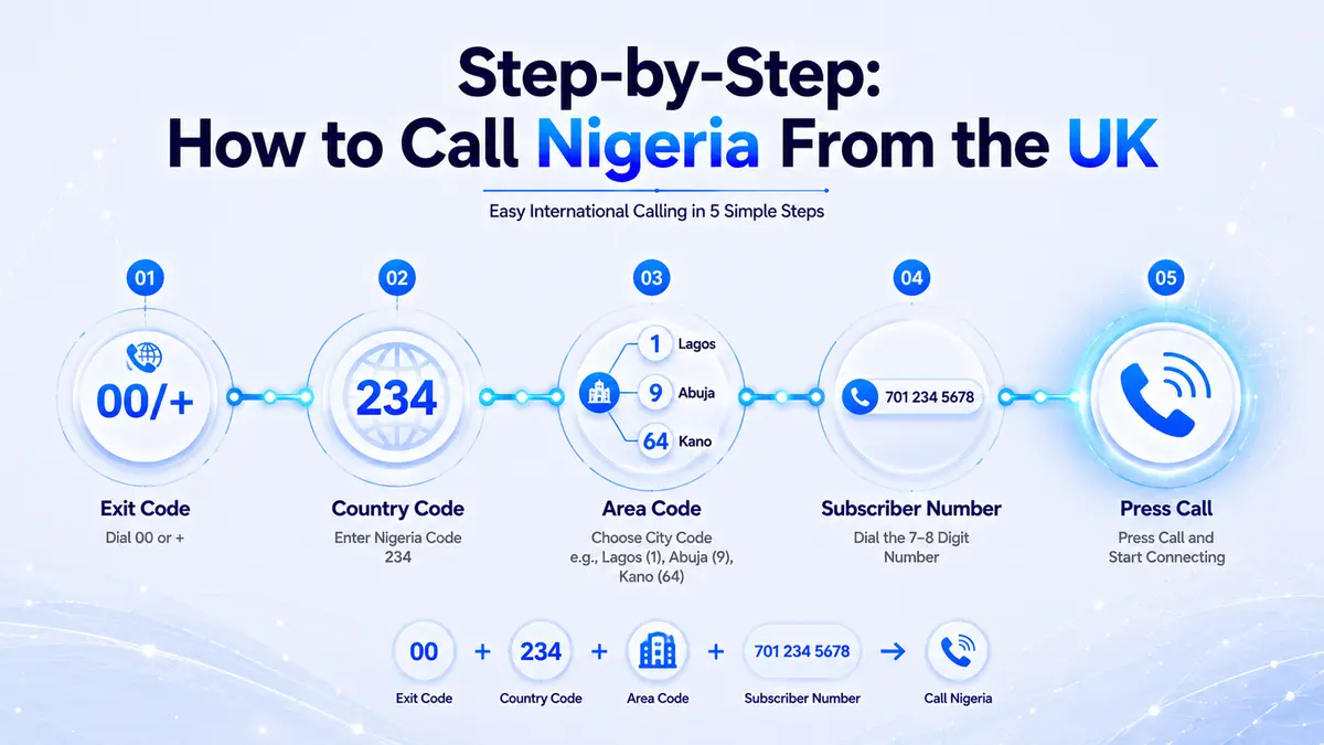 Step-by-step dialing guide for the best way to call Nigeria from the UK — UK exit code 00, Nigeria country code +234, city area codes for Lagos (1), Abuja (9), Kano (64), Port Harcourt (84), and Nigerian mobile prefix format for MTN, Airtel, and Glo networks