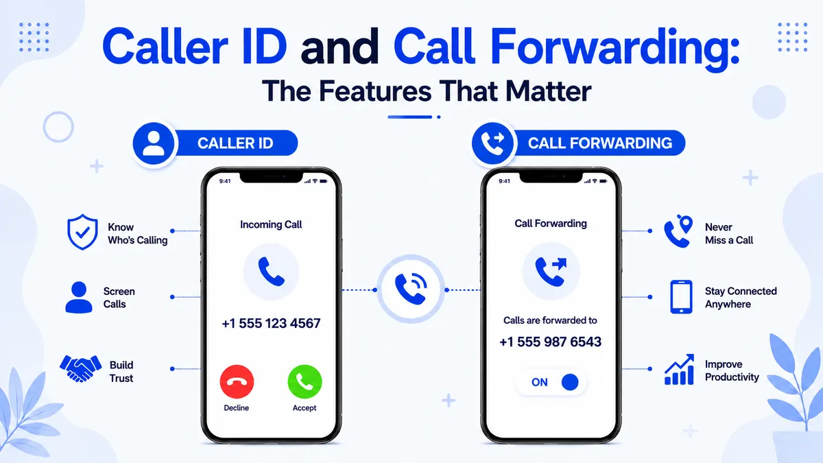 Business caller ID and call forwarding features in a business phone number app