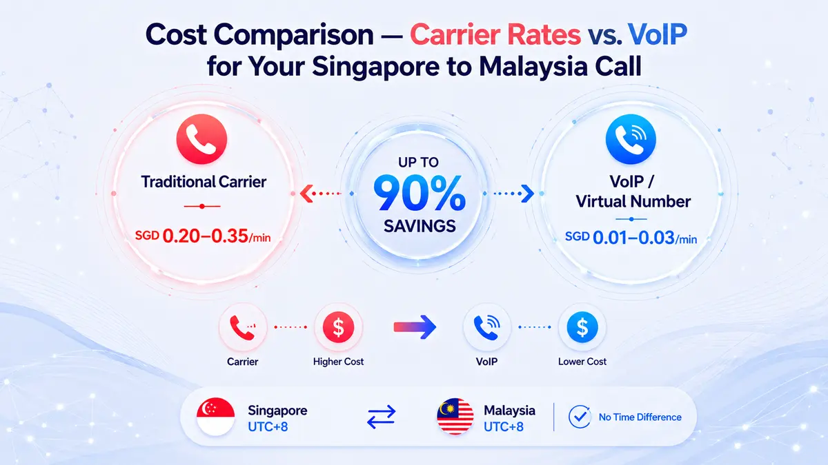 Cost comparison table for calling Malaysia from Singapore — carrier IDD rates from Singtel, StarHub, and M1 versus VoIP and virtual number app rates in SGD per minute, showing the cheapest way to call Malaysia from Singapore