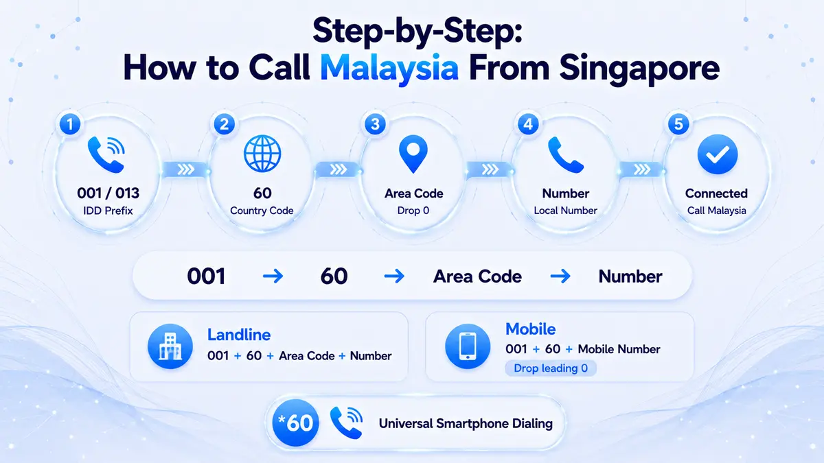 Step-by-step guide to call Malaysia from Singapore — dialing format showing IDD prefix 001, Malaysia country code 60, area codes for Kuala Lumpur (3), Johor Bahru (7), Penang (4), and Malaysian mobile prefix format for Maxis, Digi, Celcom, and U Mobile numbers