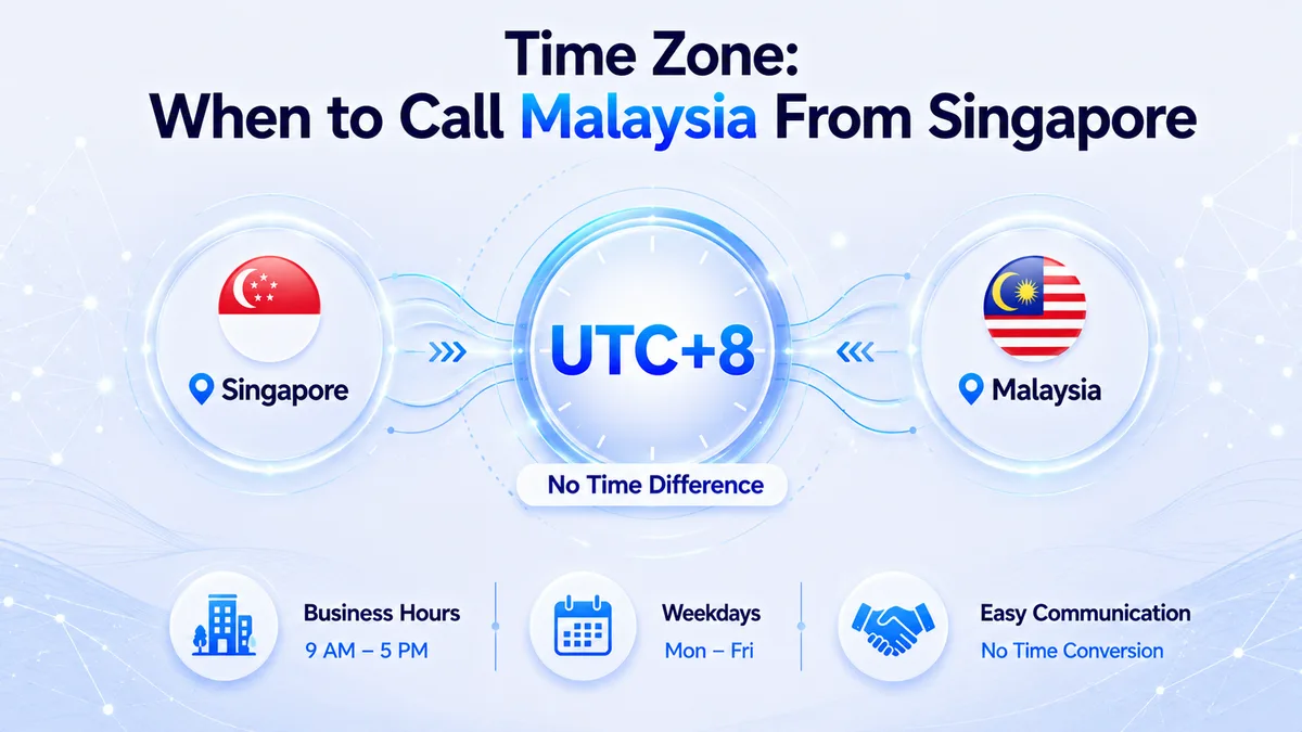 Time zone map showing Singapore and Malaysia both on UTC+8 — no time zone difference when calling Malaysia from Singapore, with Malaysian business hours and Friday prayer break schedule for Johor, Kedah, Kelantan, and Terengganu