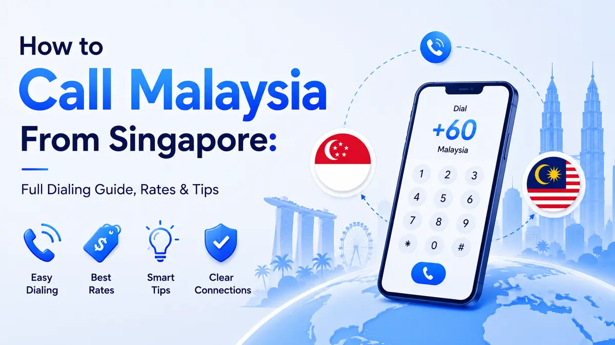 Singapore and Malaysia connected by the Causeway — a guide to calling Malaysia from Singapore including IDD prefix 001, Malaysia country code +60, area codes for Kuala Lumpur, Johor Bahru, Penang, and Ipoh, with call rates and VoIP options