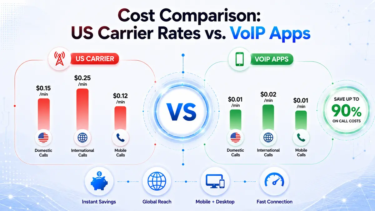 Cost comparison for calling Pakistan from the USA — AT&T, Verizon, and T-Mobile standard IDD rates versus Google Voice, Skype, and VoIP virtual number app rates per minute, showing the cheapest ways to call Pakistan from the USA