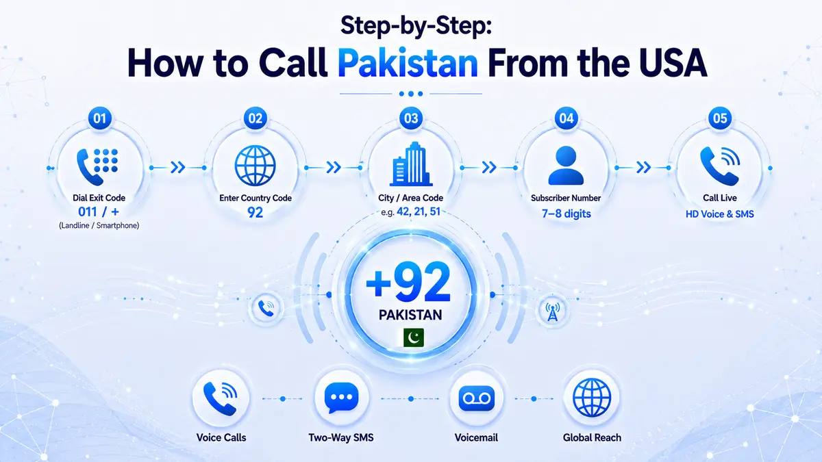 Step-by-step dialing guide to call Pakistan from the USA — US exit code 011, Pakistan country code +92, city area codes for Lahore (42), Karachi (21), Islamabad (51), and Pakistani mobile prefix format for Jazz, Telenor, Zong, and Ufone networks