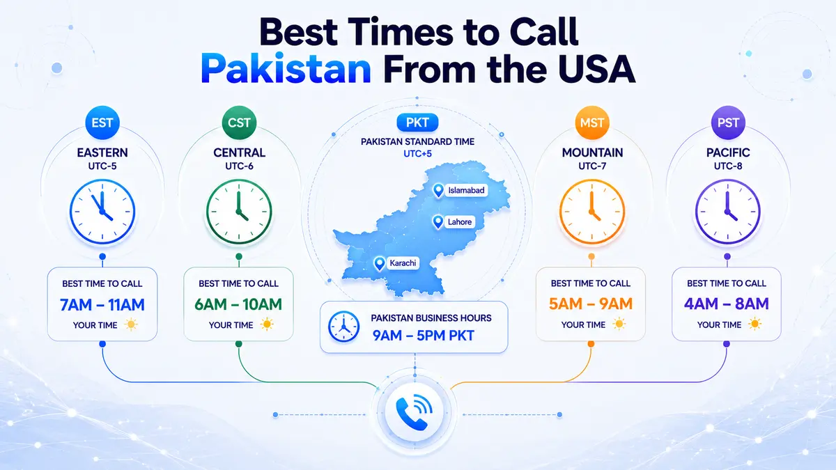 Time zone comparison for calling Pakistan from the USA — Pakistan Standard Time UTC+5 shown against US Eastern, Central, Mountain, and Pacific time zones, with best calling hours highlighted for reaching Pakistan during business hours and evening