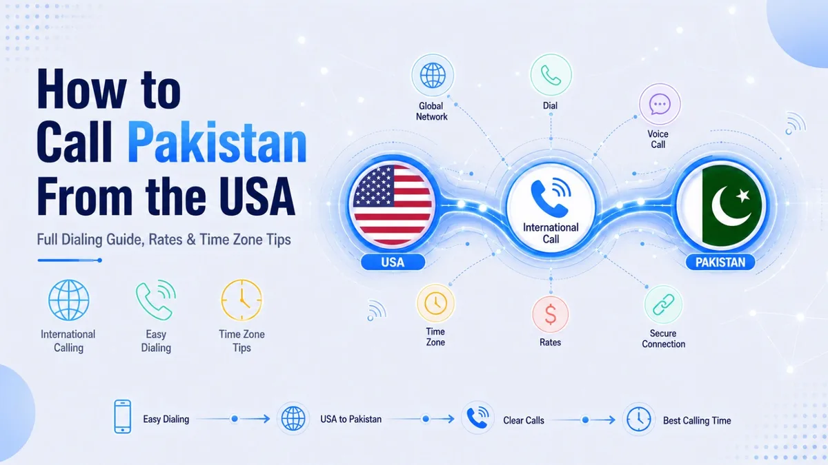 Complete guide to call Pakistan from the USA — US IDD exit code 011, Pakistan country code +92, city area codes for Karachi (21), Lahore (42), Islamabad (51), and Peshawar (91), carrier IDD rates vs VoIP app costs, and Pakistan Standard Time UTC+5 time zone comparison