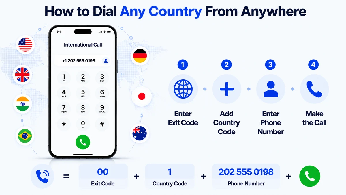 How to dial any country — exit code plus country code plus the local number