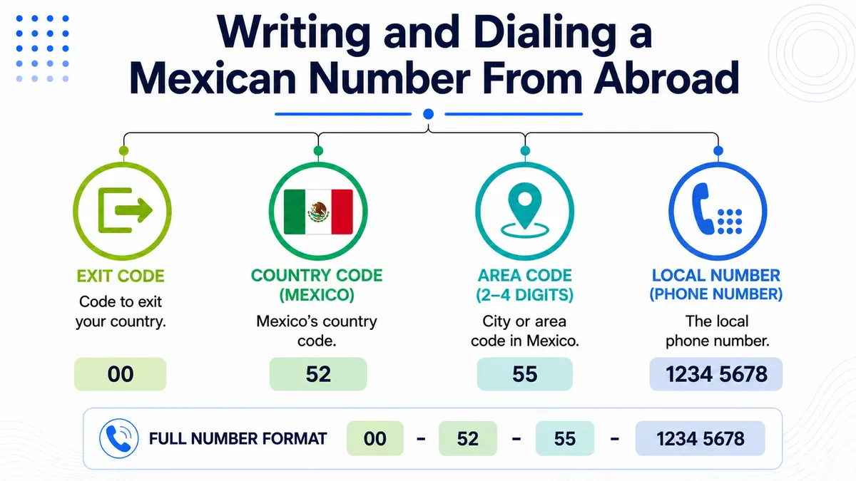 Dialing Mexico from abroad — exit code plus 52 plus the 10-digit number in correct format