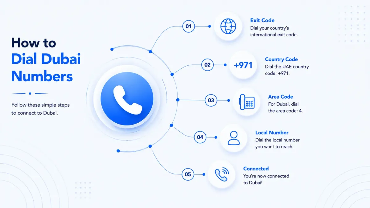 How to dial Dubai numbers — local, UAE, and international dialing instructions with examples
