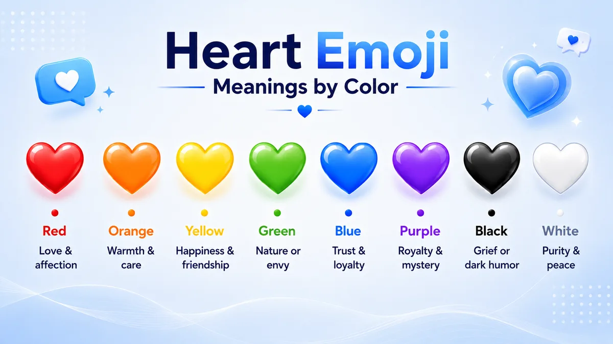 Heart emoji meanings by color — red heart for romance, orange for care, yellow for friendship, green for nature or envy, blue for calm, purple for luxury, black for grief or dark humor, and white for purity or new beginnings