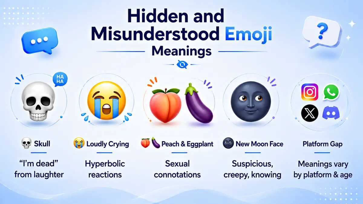 Hidden and misunderstood emoji meanings — a visual breakdown of emojis like the upside-down smiley, skull, eggplant, peach, and saluting face that have evolved meanings far different from their original Unicode design intent