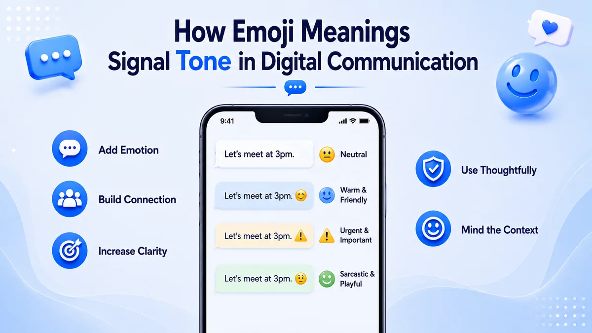 How emoji meanings signal tone in digital communication — infographic showing how adding emojis changes the tone of the same message from neutral to warm and friendly or urgent and important, with tips to add emotion, build connection, use thoughtfully, and mind the context