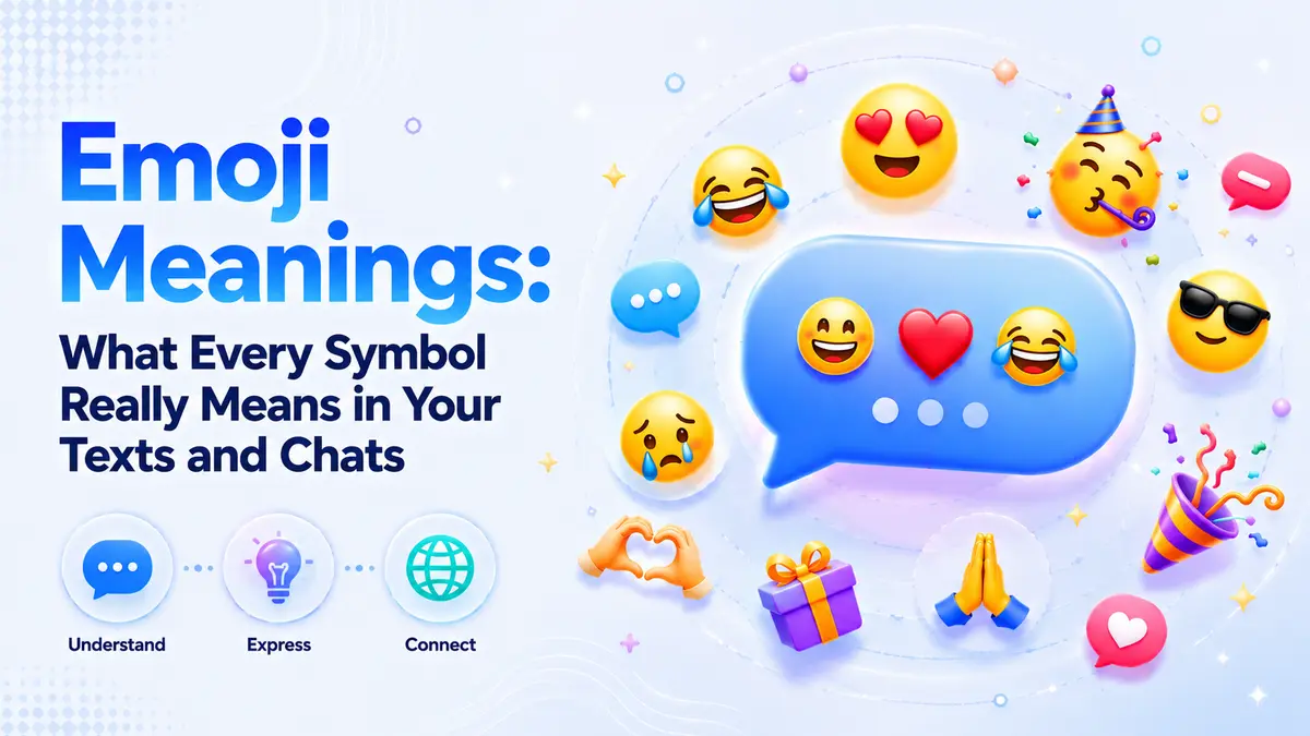 Colorful emoji symbols floating against a blue background — a complete visual guide to emoji meanings including smileys, hearts, hand gestures, animals, food, and flag emojis used in texting and social media