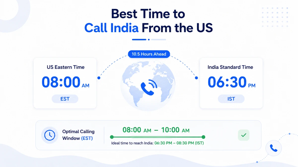 Best time to call India from the US — world clock showing US Eastern time at 8 am and India Standard Time at 6:30 pm with a green optimal calling window indicator