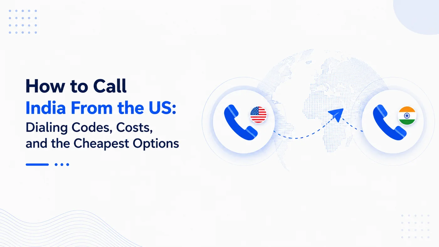 How to call India from the US — dialing guide showing country code 91, US exit code 011, and a smartphone with a US-to-India call in progress