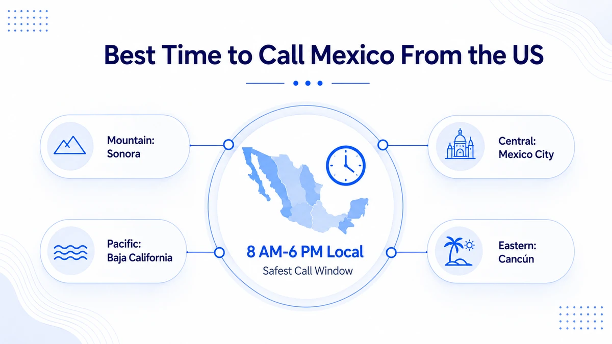 Time zone map of Mexico showing Central, Mountain, Pacific, and Eastern zones with the recommended calling window for US callers