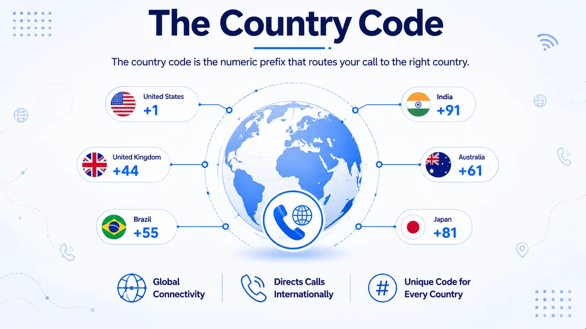 Step 2 of dialing an international number — the country code that routes your call to the right nation