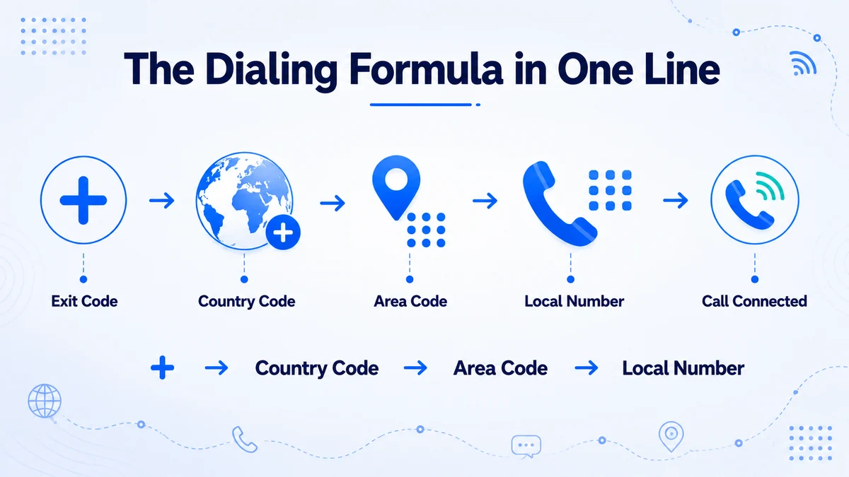 International dialing steps: dialing prefix, country code, area code, and local number in order