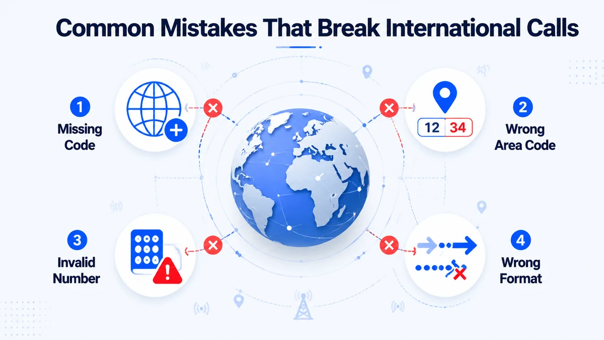 Common mistakes that break international calls — missing prefix, leading zero, and wrong country code
