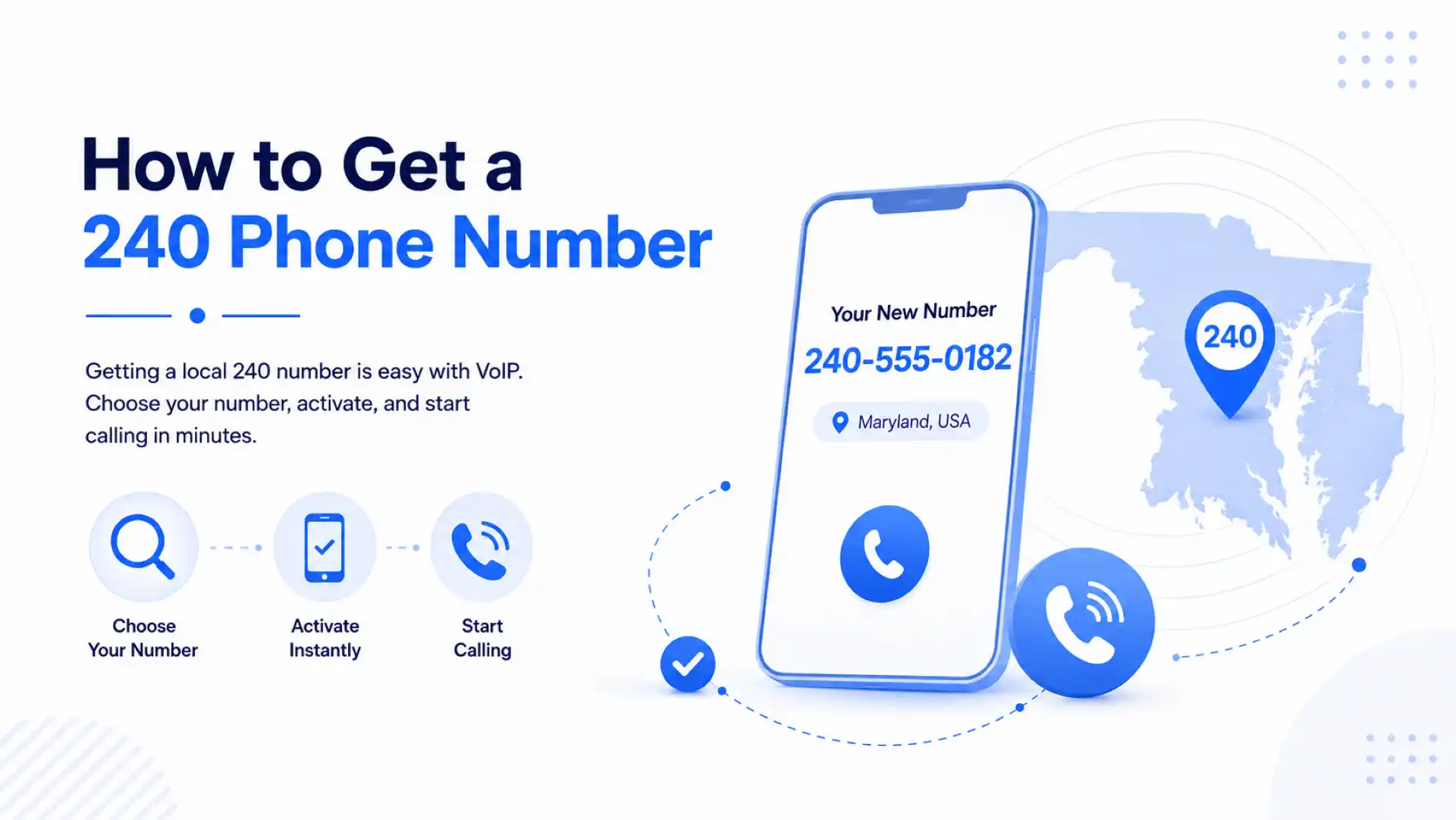 How to get a 240 phone number — choose your number, activate instantly, start calling