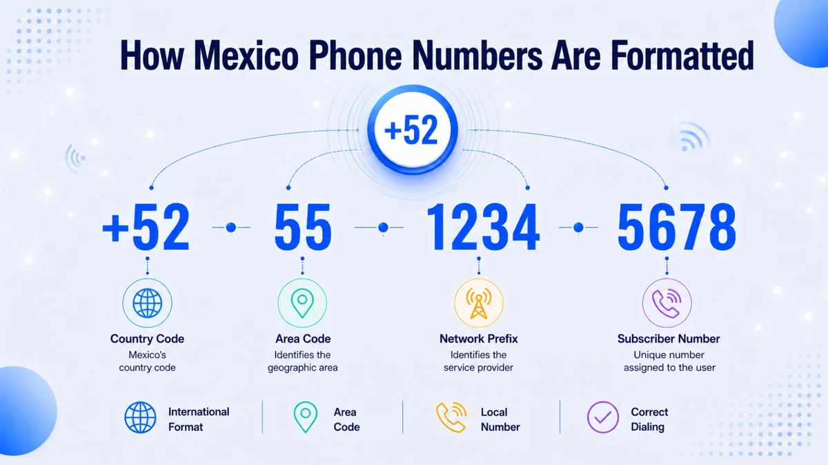 Mexico phone number format structure — +52 country code, LADA area code, and subscriber number